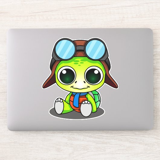 Sticker Cute Green Chibi Cartoon Turtle dans le Casquette (Ordinateur)