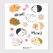 Sticker Cute Guinea Pigs with Hearts and Flowers (Feuille)