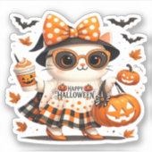 Sticker Cute Halloween Cat � Kawaii Witch Kitty with Pumpk (Devant)