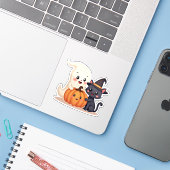 Sticker "Cute Halloween Squad | Kawaii Ghost & Citrouille (Ordinateur portable avec iPhone)