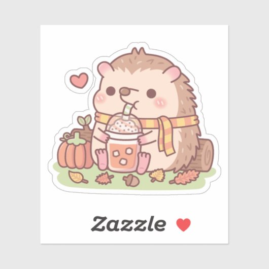 Sticker Cute Hedgehog Aime épice Citrouille Latte Mer d'au (Feuille)