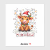 Sticker Cute Highland Baby Cow Christmas Lights Merry & Br (Feuille)