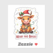Sticker Cute Highland Baby Cow Christmas Lights Merry & Br (Feuille)