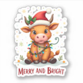 Sticker Cute Highland Baby Cow Christmas Lights Merry & Br (Devant)
