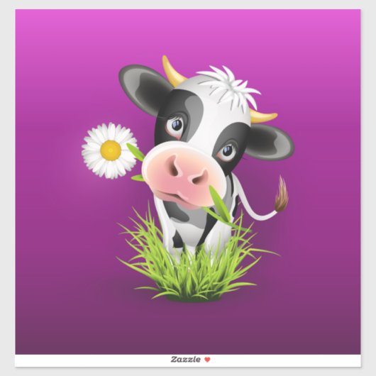 Sticker Cute Holstein cow in grass over purple (Feuille)
