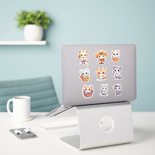 Sticker Cute Jouer Collection de chats (Ordinateur portable sur le bureau)