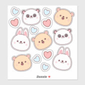 Sticker Cute kawaii animaux et coeurs (Feuille)
