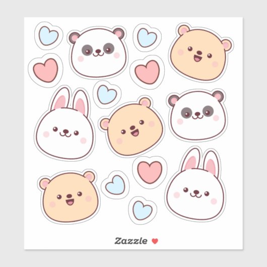 Sticker Cute kawaii animaux et coeurs (Feuille)