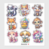 Sticker Cute Kawaii Bobo Bubble Tea and Animals (Feuille)