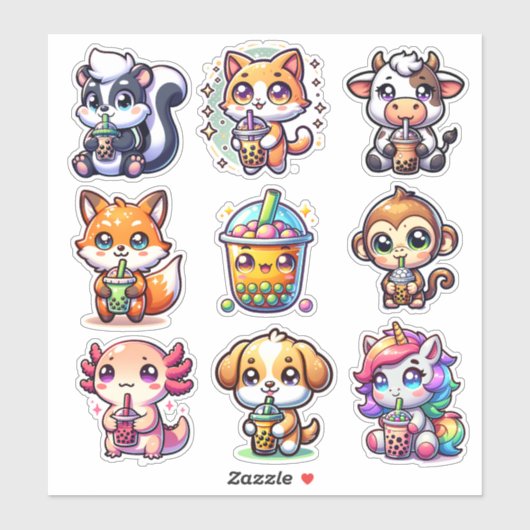 Sticker Cute Kawaii Bobo Bubble Tea and Animals (Feuille)