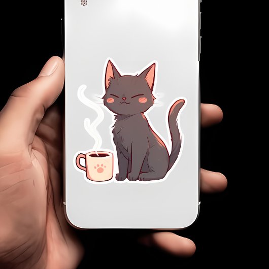 Sticker Cute Kawaii Chat avec Coffee Cup
