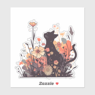 Sticker Cute Kawaii Chat dans le champ plein de fleurs