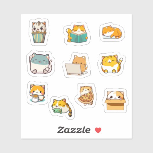 Sticker Cute Kawaii Chubby Chat Bundle (Feuille)