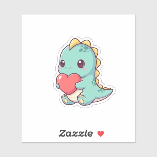 Sticker Cute Kawaii Dinosaur tient un coeur (Feuille)