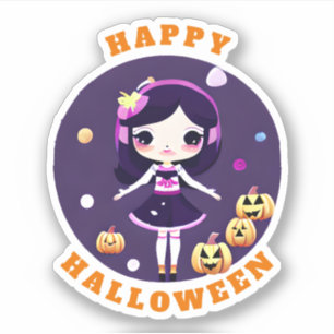 Sticker Cute Kawaii fille avec Halloween Citrouille