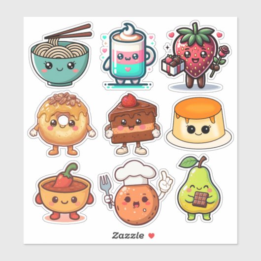 Sticker Cute Kawaii Foods | Donut, Coffee, Ramen (Feuille)