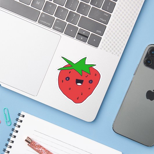 Sticker Cute Kawaii fraise (Ordinateur portable avec iPhone)