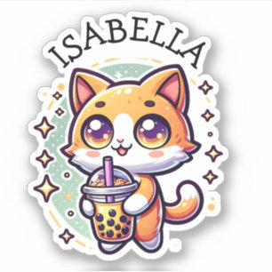 Sticker Cute Kawaii Kitten avec thé à bulle Personnalisé