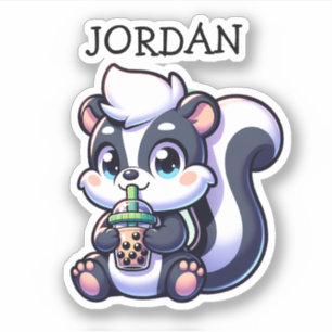 Sticker Cute Kawaii Skunk with Bubble Tea Personnalisé