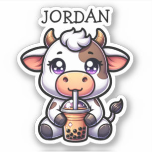 Sticker Cute Kawaii vache avec thé à bulle Personnalisé