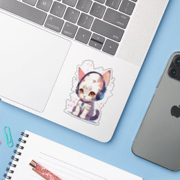 Sticker Cute Kitten avec casque Charme
