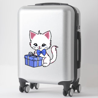 Sticker Cute Kitten blanc avec cadeau bleu