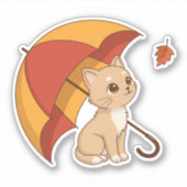 Sticker Cute Kitten Cat Red Yellow Umbrella Fall (Devant)