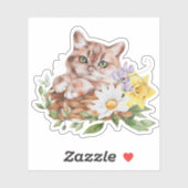 Sticker Cute Kitty Chat Daffodils Daisies Fleurs (Feuille)