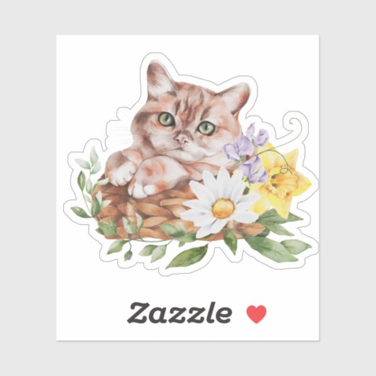 Sticker Cute Kitty Chat Daffodils Daisies Fleurs (Feuille)