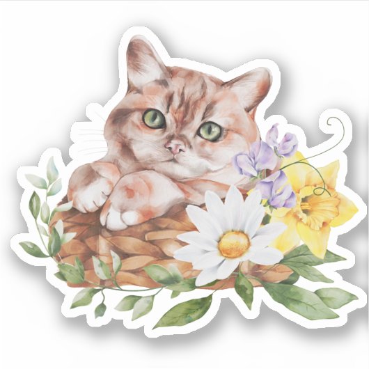 Sticker Cute Kitty Chat Daffodils Daisies Fleurs (Devant)