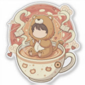Sticker Cute Lion Boy Drinking Coffee (Devant)