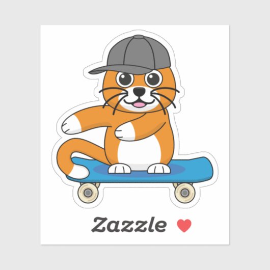 Sticker Cute Orange Chat sur Skateboard Cartoon (Feuille)