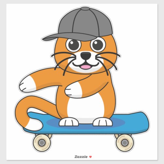 Sticker Cute Orange Chat sur Skateboard Cartoon (Feuille)