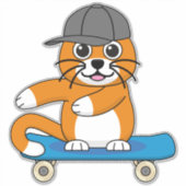 Sticker Cute Orange Chat sur Skateboard Cartoon (Devant)