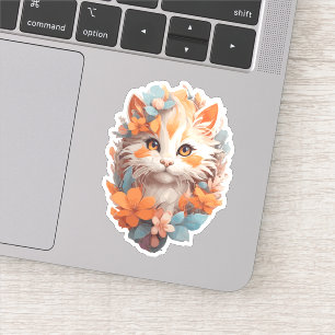 Sticker Cute Orange Floral Kitty Chat