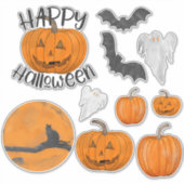 Sticker Cute Orange Noir Halloween chauves-souris Fantômes (Devant)