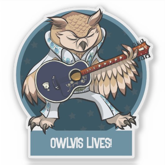 Sticker Cute Owl Owlvis Lives! Singer With Guitar Cartoon (Devant)
