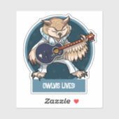 Sticker Cute Owl Owlvis Lives! Singer With Guitar Cartoon (Feuille)