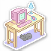 Sticker Cute Pastel Pixel Art Ordinateur Bureau Chat (Recto)