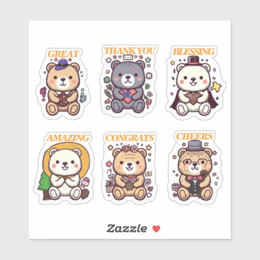 Sticker Cute Positive Bear-6 Designs (Feuille)