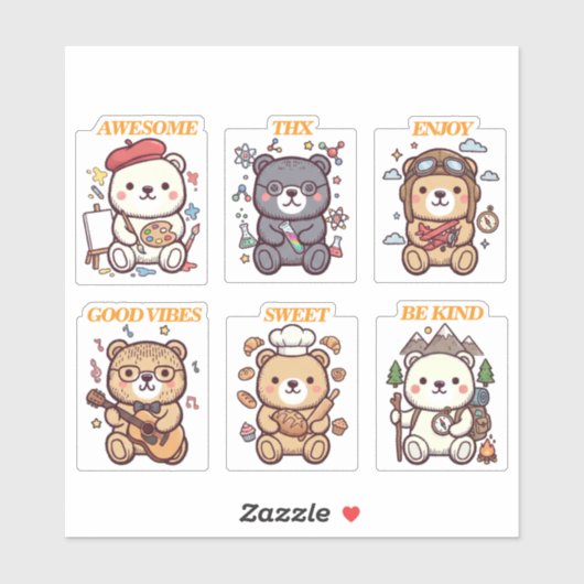Sticker Cute Positive Bear-6 Designs-vol2 (Feuille)