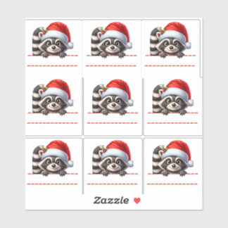 Sticker Cute Racoon in Santa Hat Christmas Labels