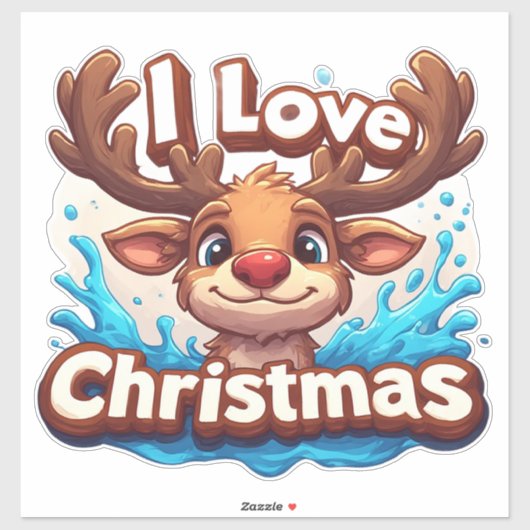 Sticker Cute Reindeer Mascot With 'I Love Christmas' Text (Feuille)