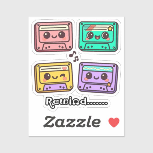 Sticker Cute Retro Cassette Tape "Rewind" Kawaii Design (Feuille)
