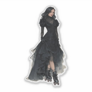 Sticker Cute Roller Skating Woman in Black Gothic Dress