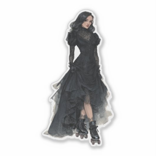 Sticker Cute Roller Skating Woman in Black Gothic Dress (Devant)