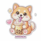 Sticker  Cute Shiba Inu Dog Drinking Bubble Tea Add Name (Devant)