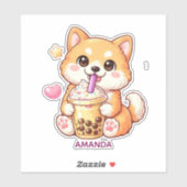 Sticker  Cute Shiba Inu Dog Drinking Bubble Tea Add Name (Feuille)