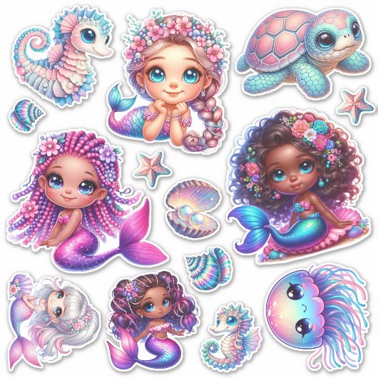 Sticker Cute Sirène & Marine Life Pastel Feuille d'autocol