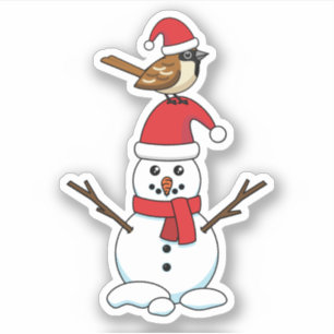 Sticker Cute Sparrow on Snowman